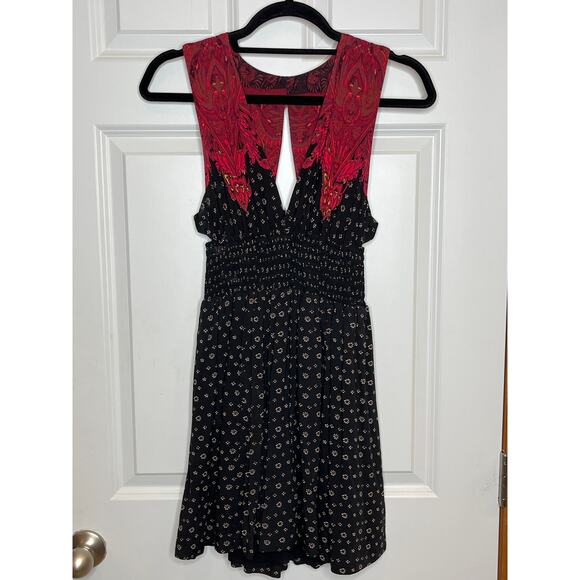 Free People XS Walking Through Dreams Red Black V neck Fit Flare Mini Dress - Picture 2 of 12
